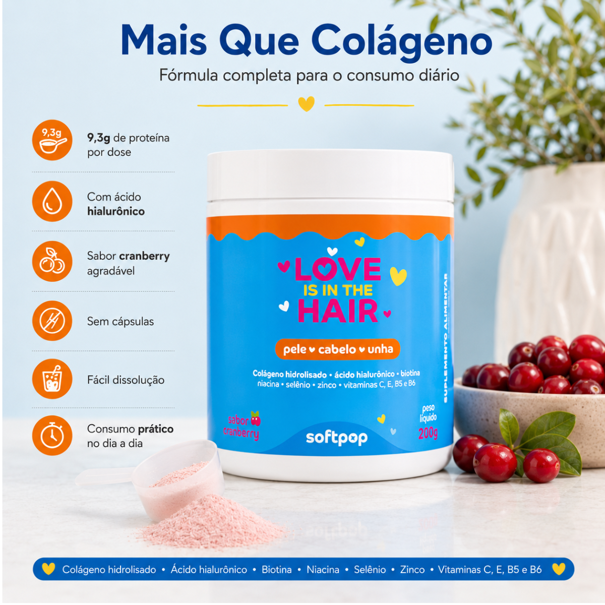 Colágeno em Pó Sabor Cranberry | Love is in the Hair SOFTPOP